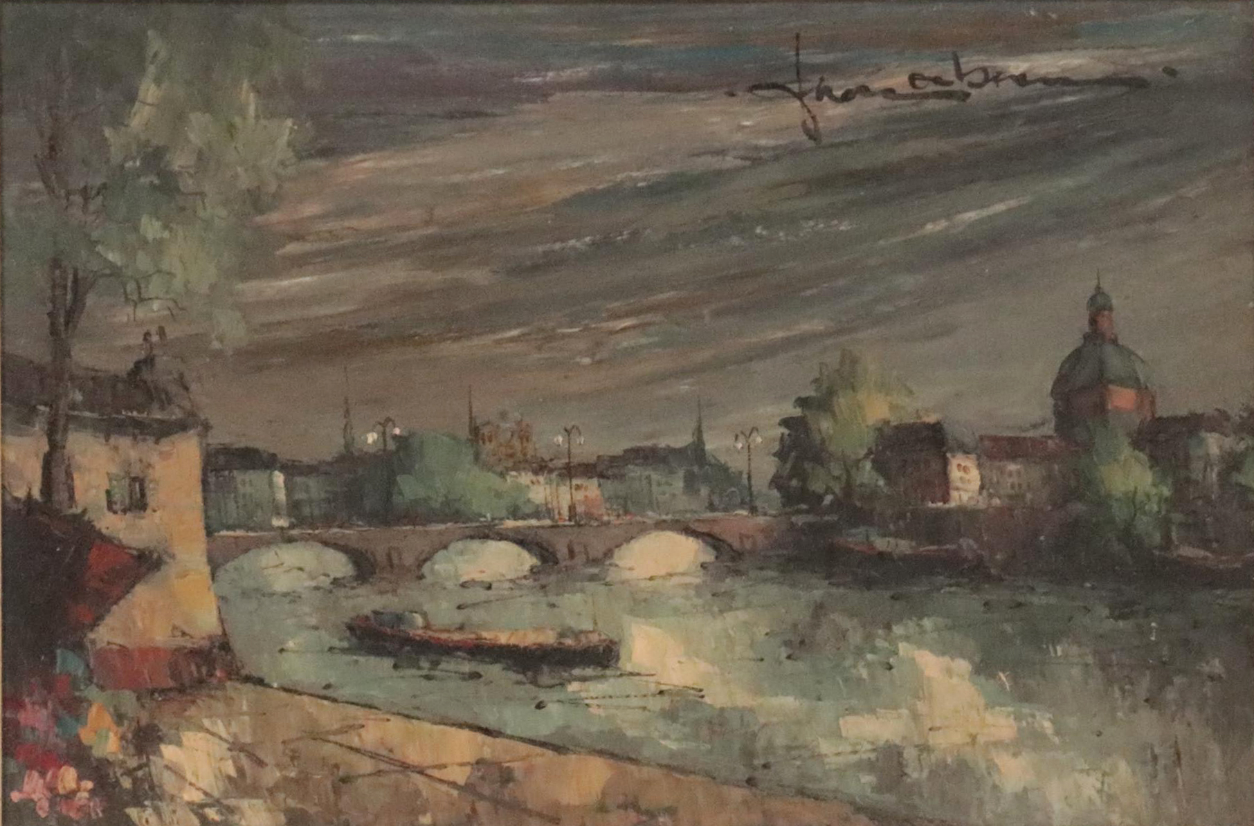 Landscape Oil Painting of Village Scene With Storm Clouds, Late 20th Century