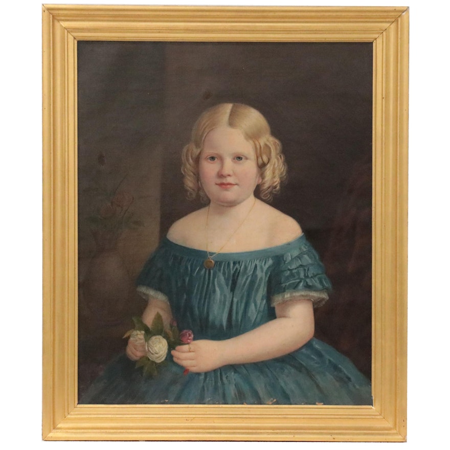 Portrait Oil Painting of Young Girl, Mid to Late 19th Century