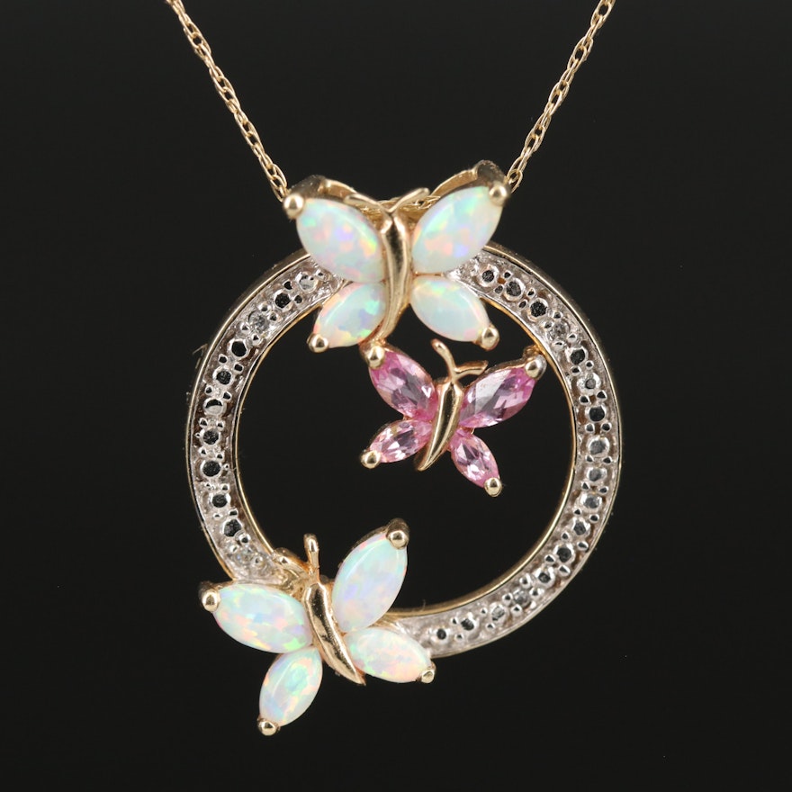 10K Opal, Sapphire and Diamond Butterfly Pendant Necklace