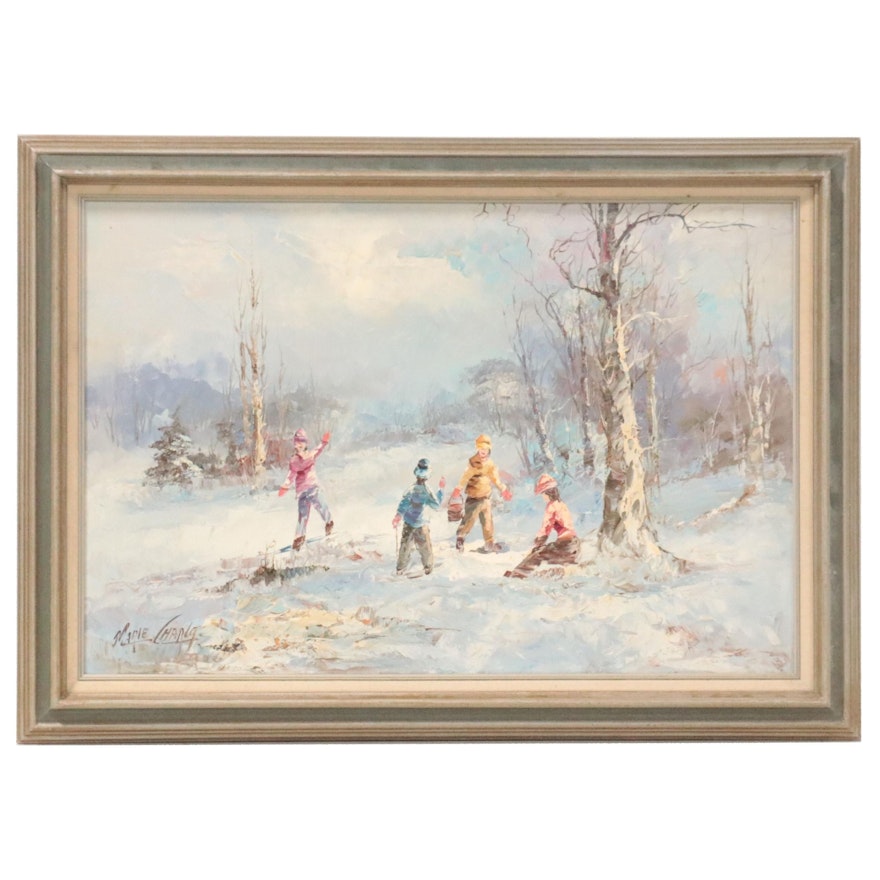 Marie Charlot Landscape Oil Painting of Children in the Snow, Late 20th Century