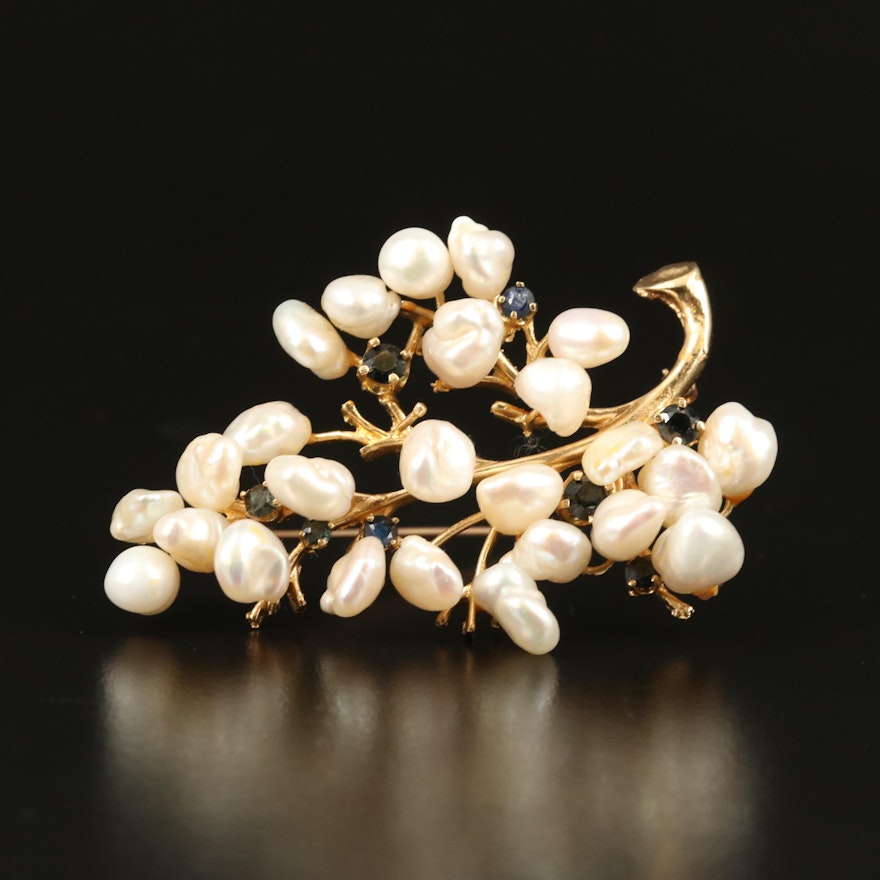 14K Pearl and Sapphire Foliate Brooch