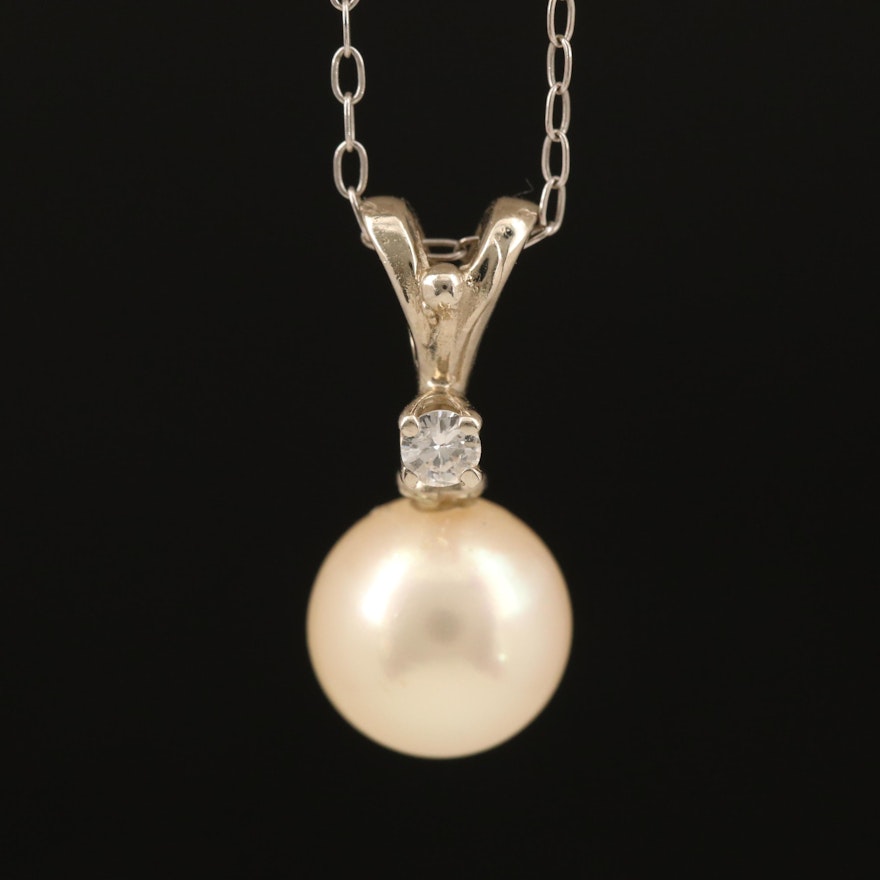 14K Pearl and Diamond Pendant Necklace