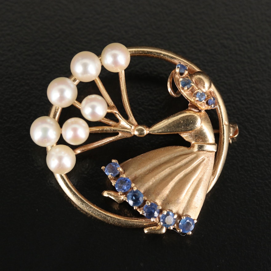 14K Pearl and Sapphire Figuaral with Balloons Converter Brooch