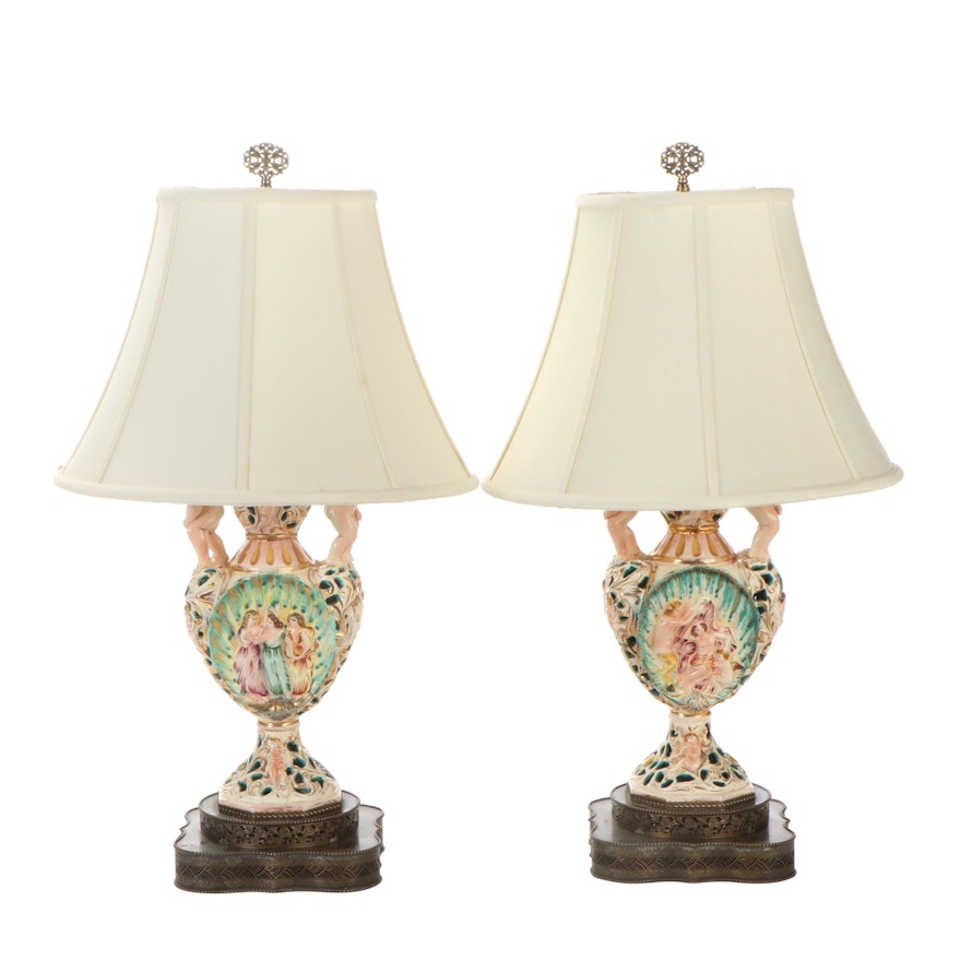 Pair of Capodimonte Style Three Graces and Venus Ceramic Urn Shaped Lamps
