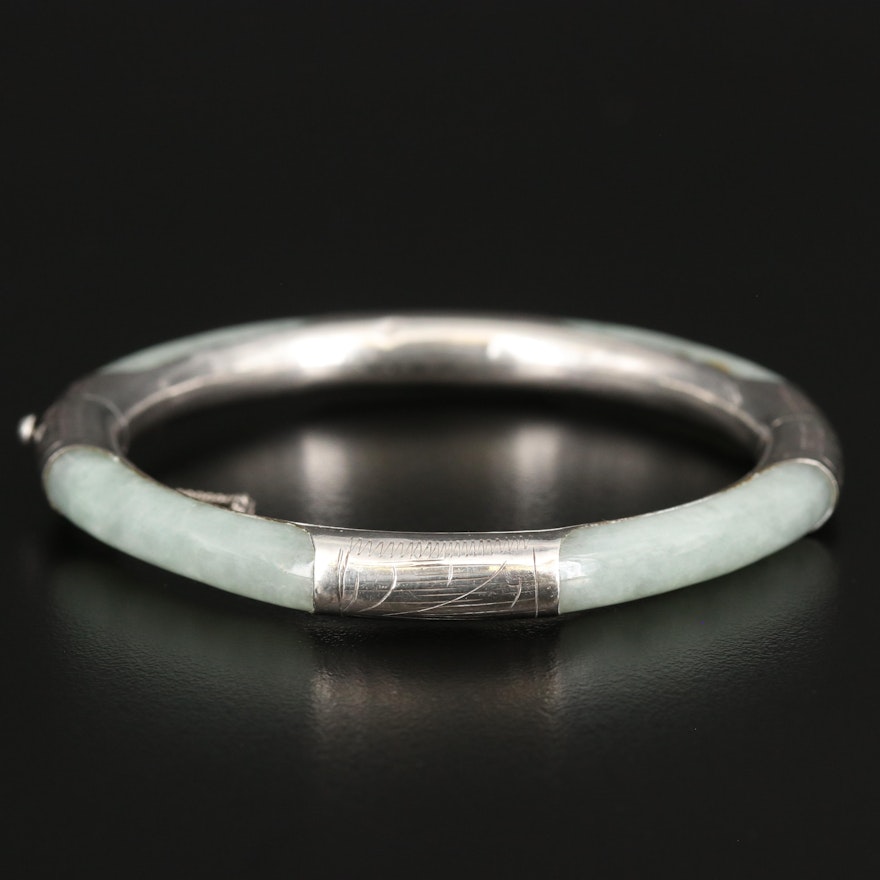 Sterling Jadeite Hinged Bangle