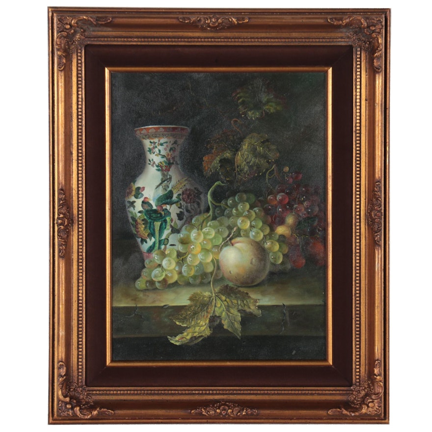 Still Life Oil Painting of Vase with Fruit, 21st Century