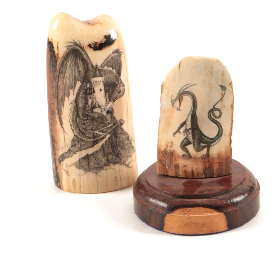 Fossil Ivory with Dragon Scrimshaw Artwork