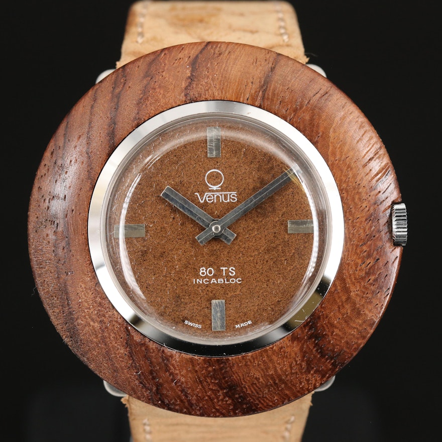 Vintage Venus 80TS Wood and Stainless Steel Stem Wind Wristwatch