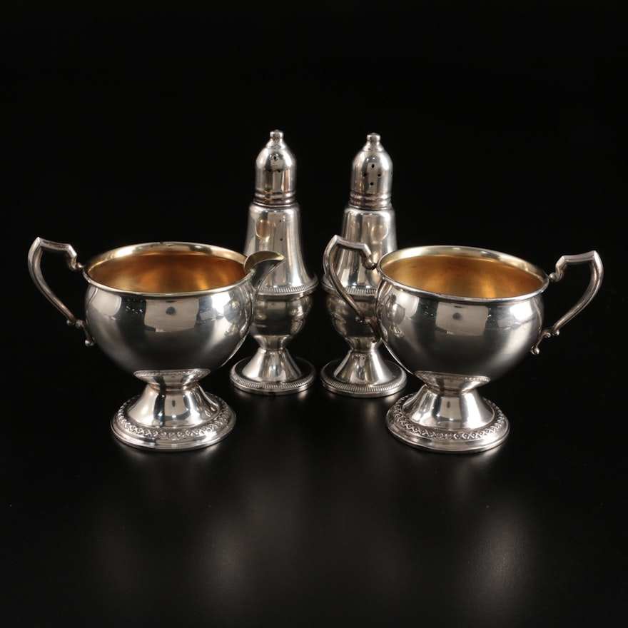 Rogers Sterling Silver Creamer and Sugar with Duchin Creation Sterling Shakers