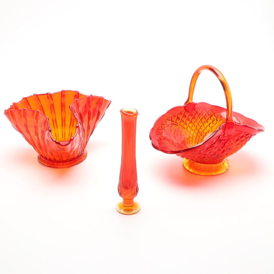 Orange Pressed Glass Bowl and Other Tableware, Mid to Late 20th Century