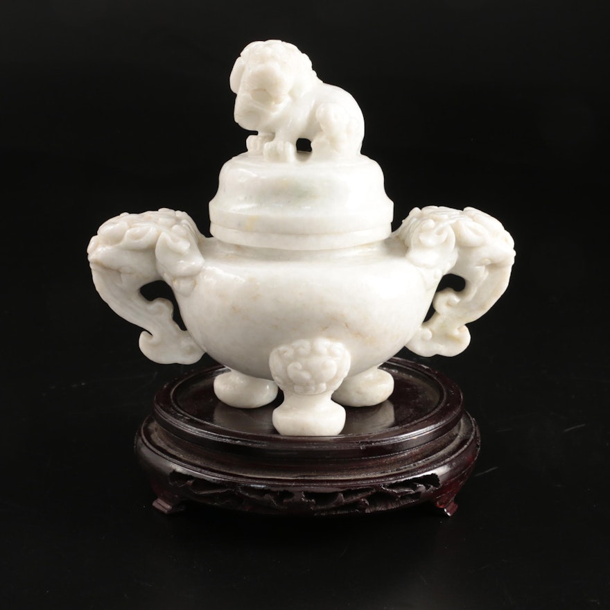 Chinese Carved Marble Guardian Lion Censer with Wooden Stand