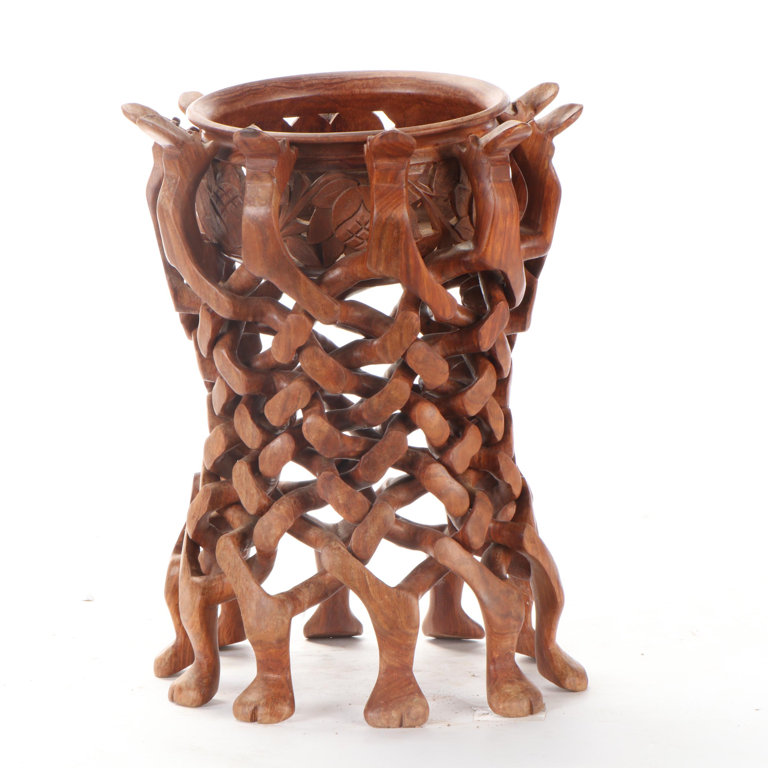 Carved Wood Bowl with Interlocking Puzzle Camel Stand