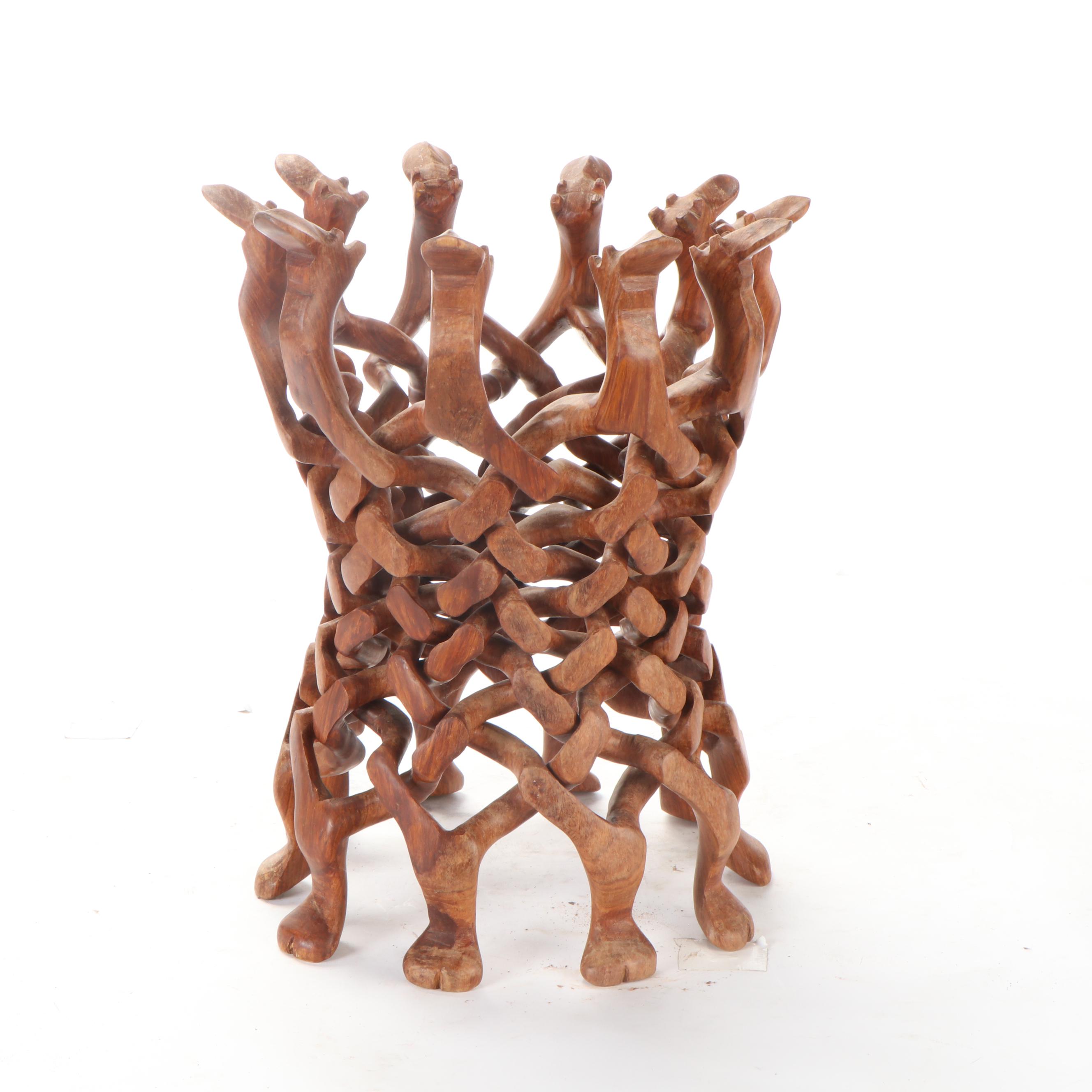 Carved Wood Bowl with Interlocking Puzzle Camel Stand