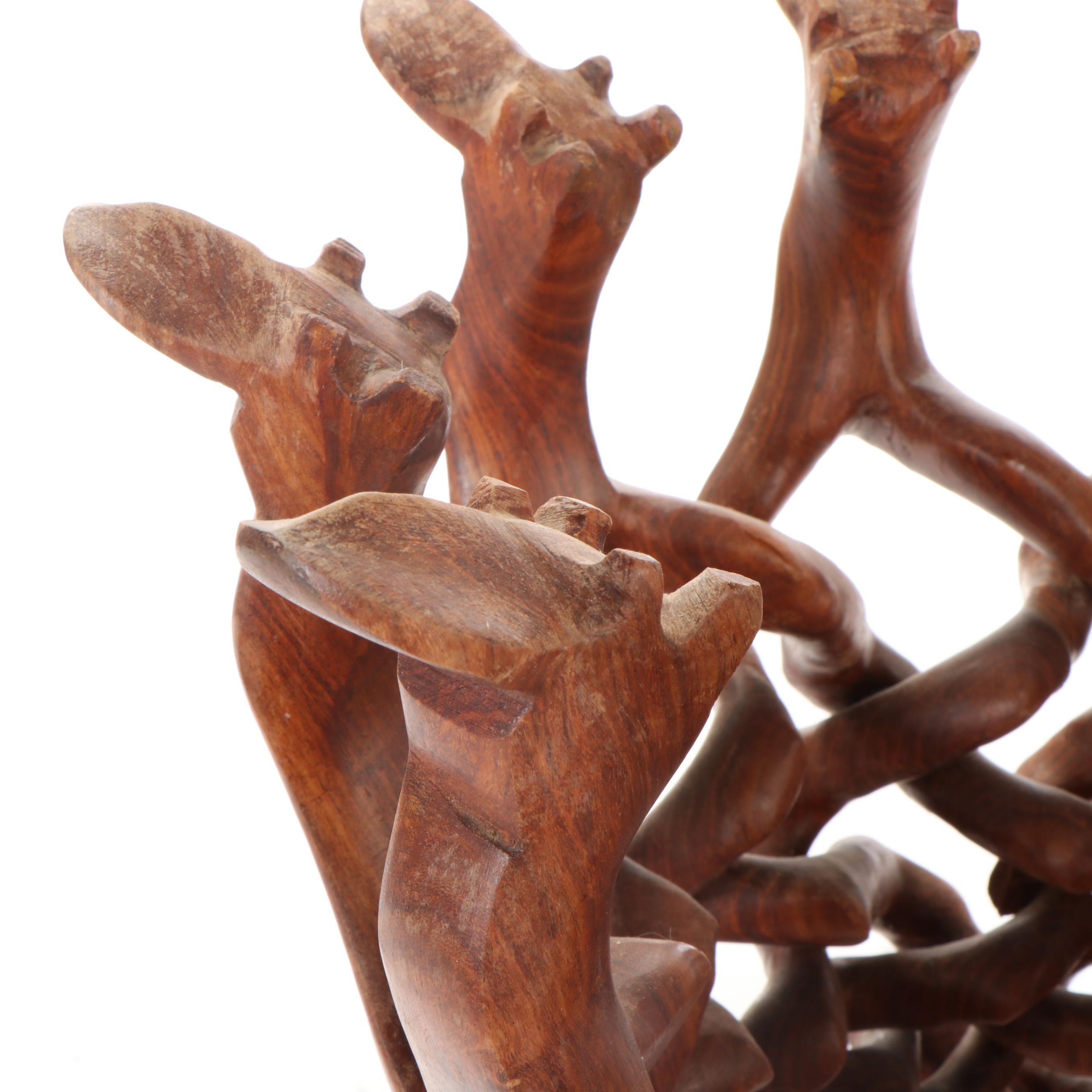 Carved Wood Bowl with Interlocking Puzzle Camel Stand