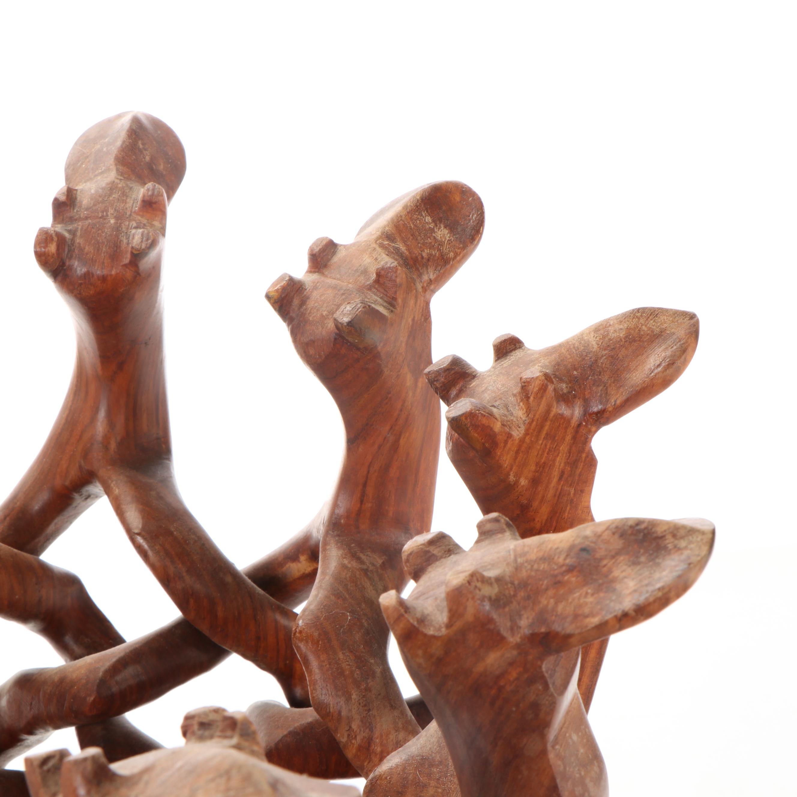 Carved Wood Bowl with Interlocking Puzzle Camel Stand