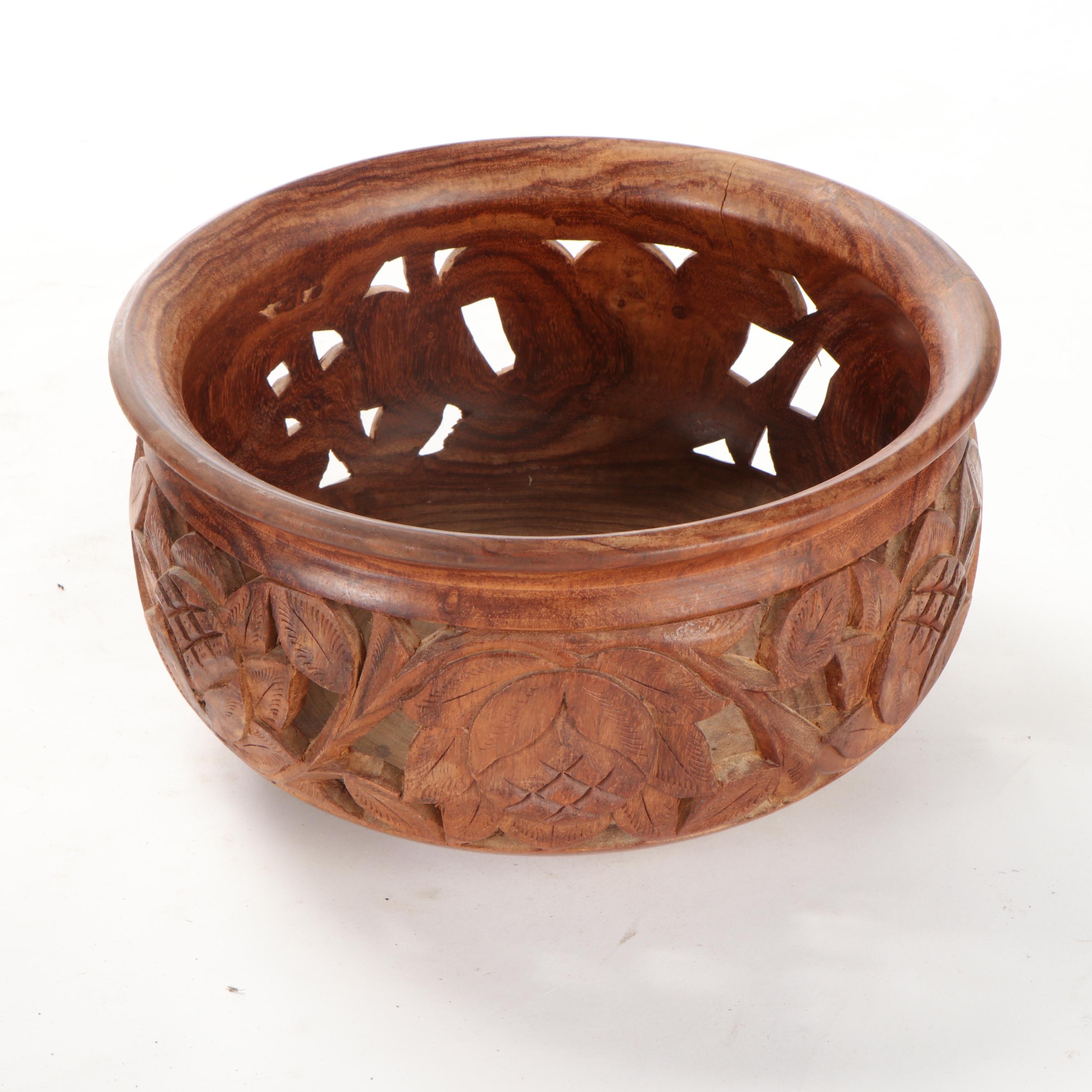 Carved Wood Bowl with Interlocking Puzzle Camel Stand