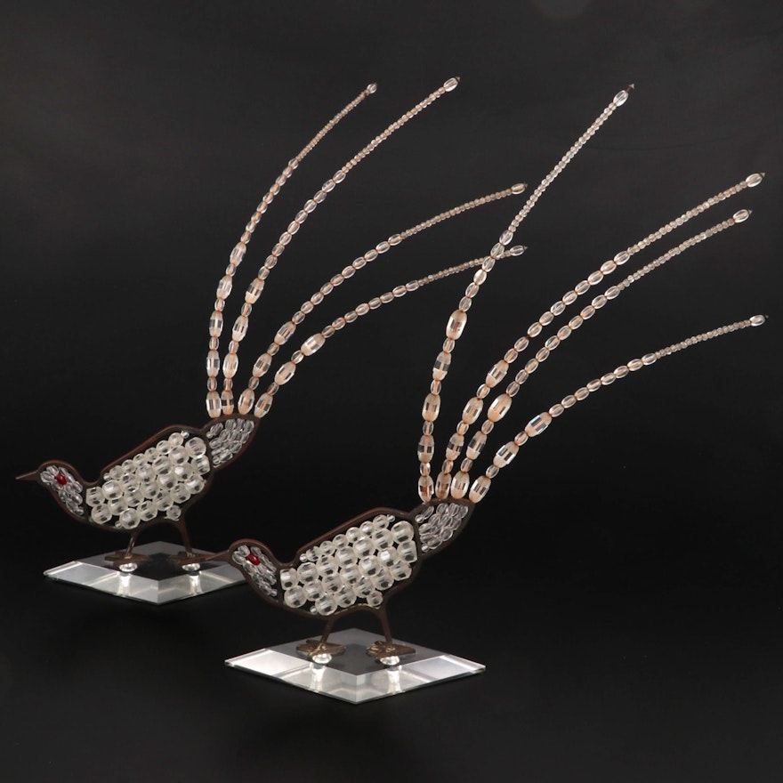 Art Deco Czech Crystal Bead Work Pheasant Figurines, Early to Mid 20th Century