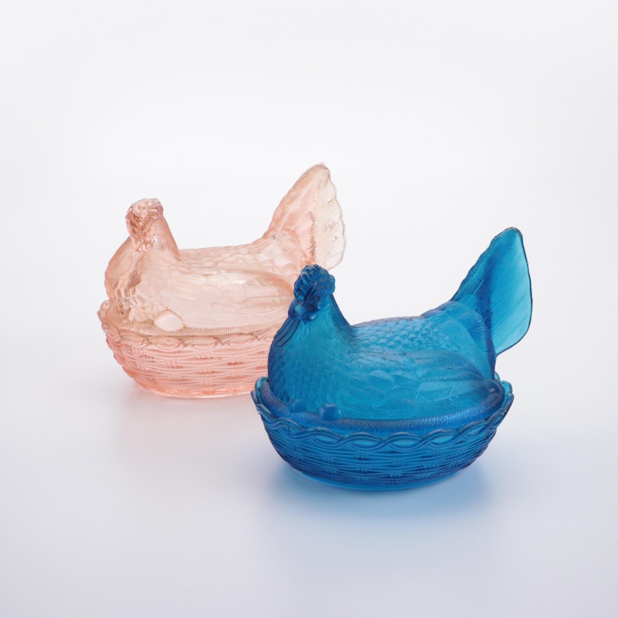 Pink and Blue Hen-on-Nest Pressed Glass Bowls