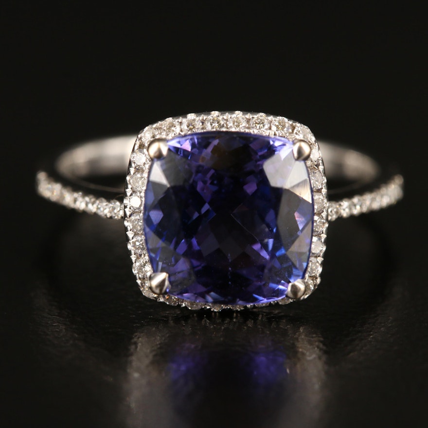 18K Tanzanite Ring with Diamond Halo and Shoulders