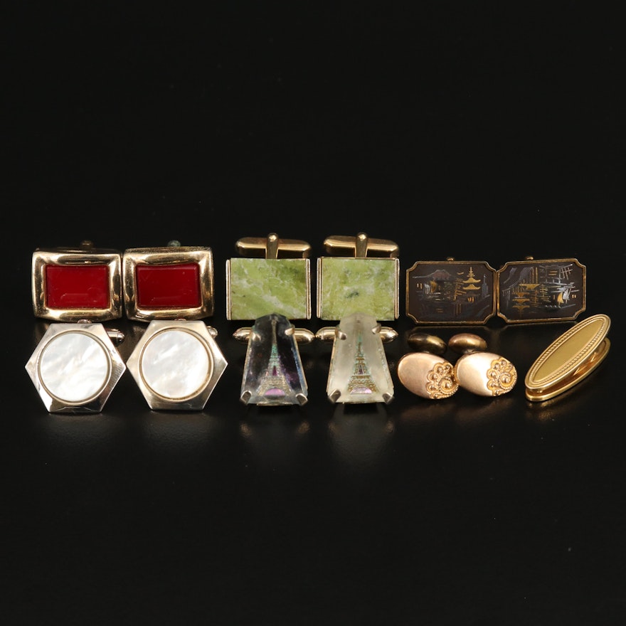 Cufflinks and Tie Clip Including Japanese Damascene Cufflinks