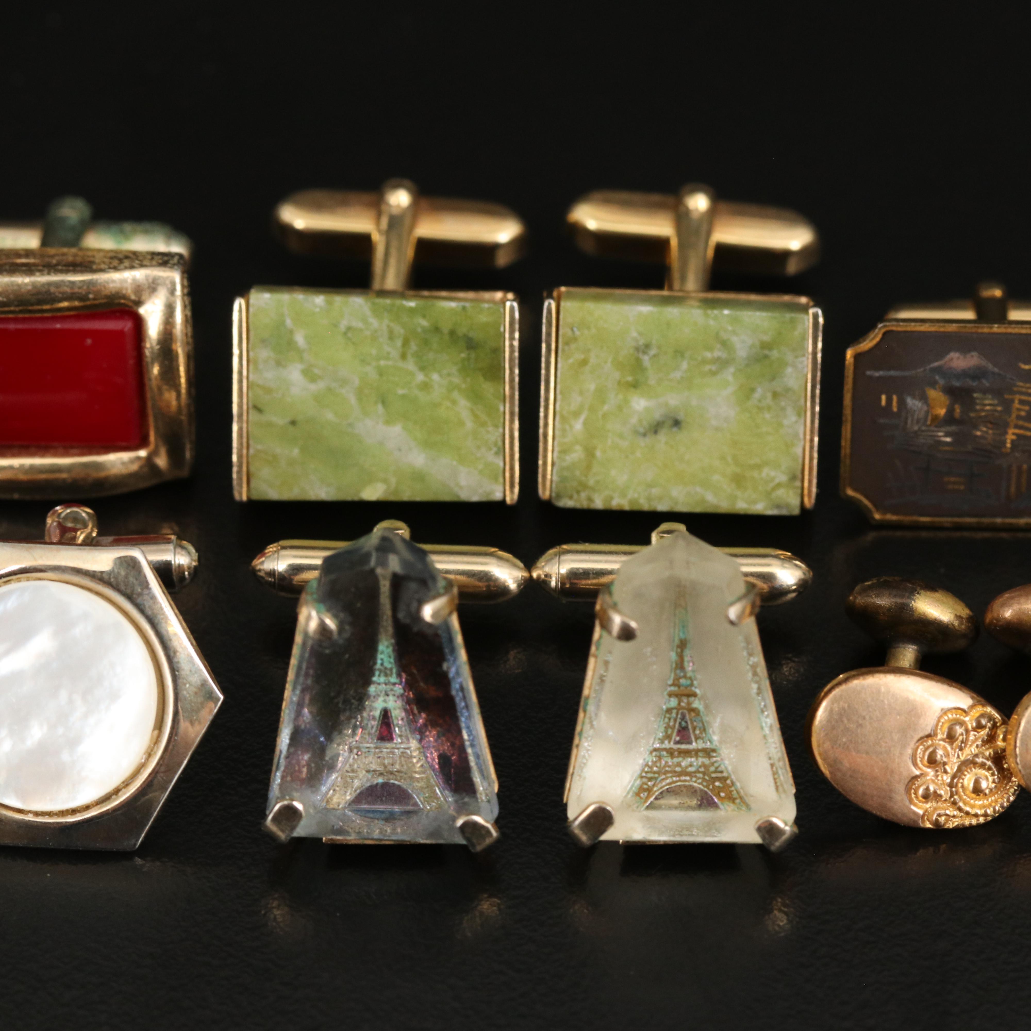 Cufflinks and Tie Clip Including Japanese Damascene Cufflinks