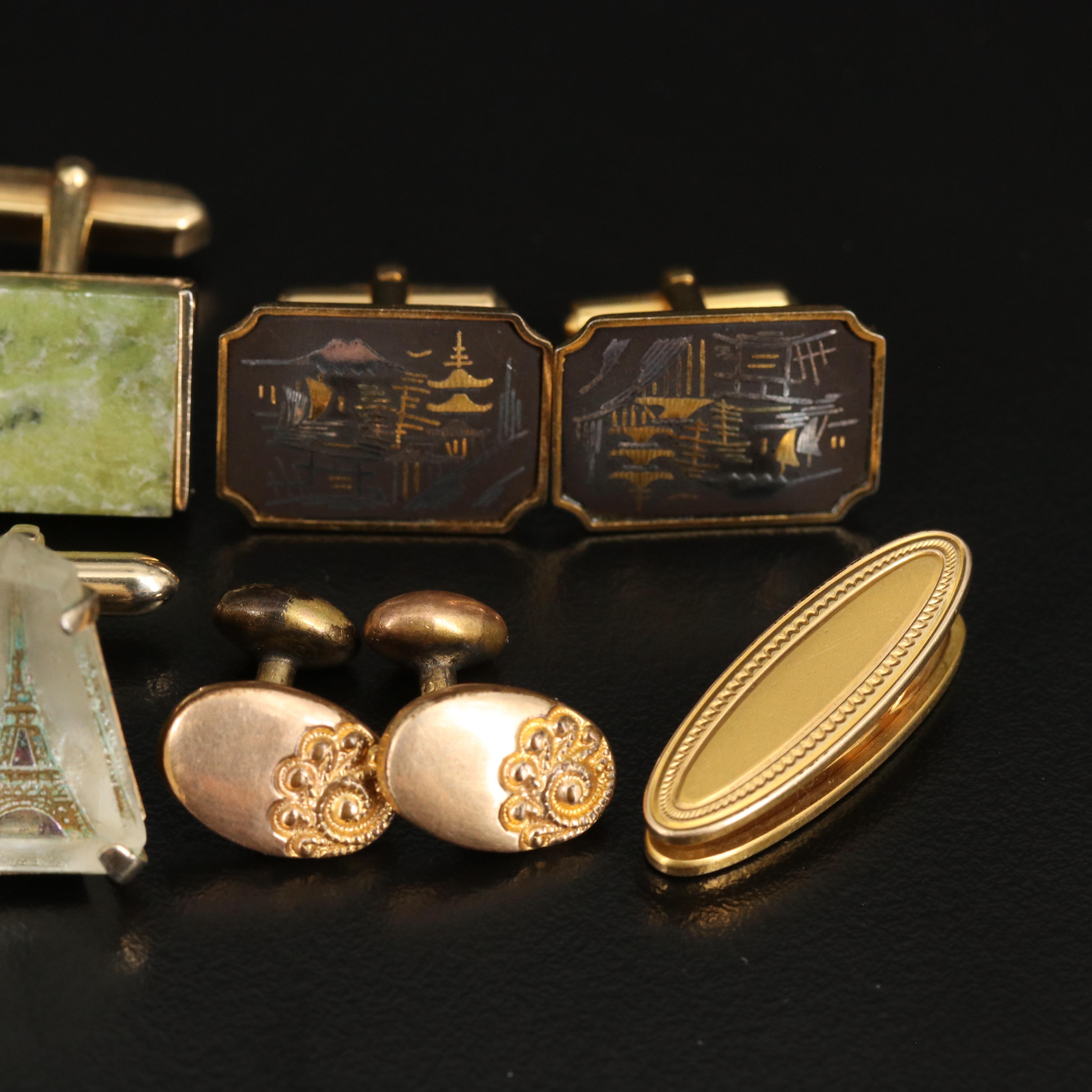 Cufflinks and Tie Clip Including Japanese Damascene Cufflinks