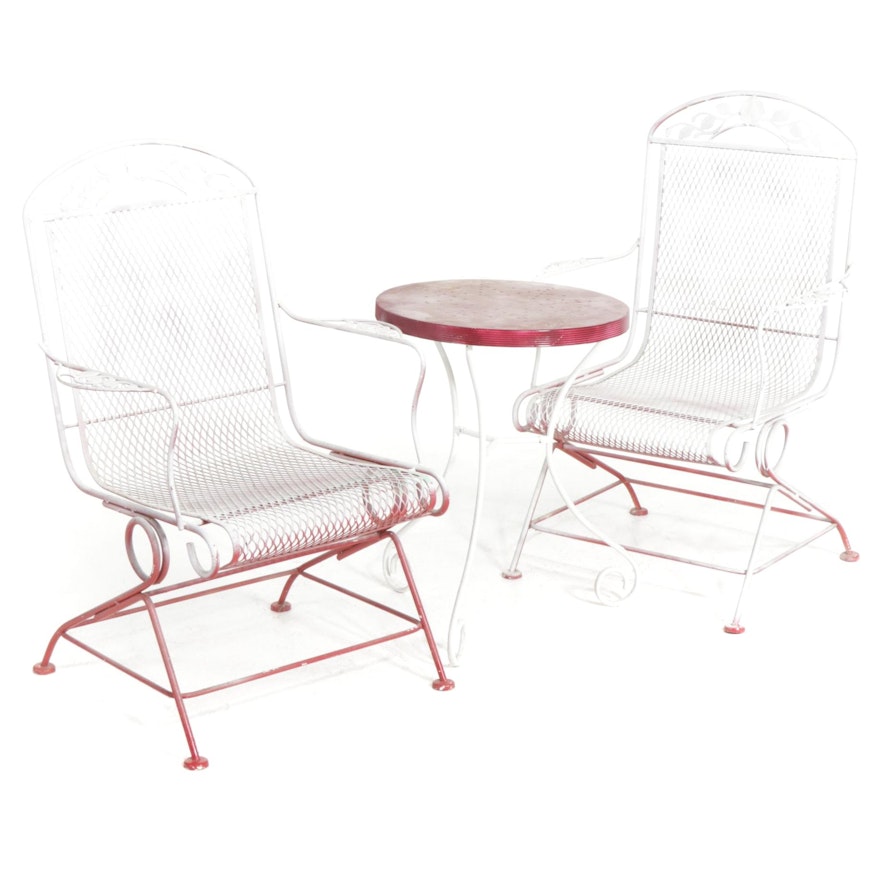 Painted Iron Diamond Mesh Patio Chairs and Side Table, Late 20th Century