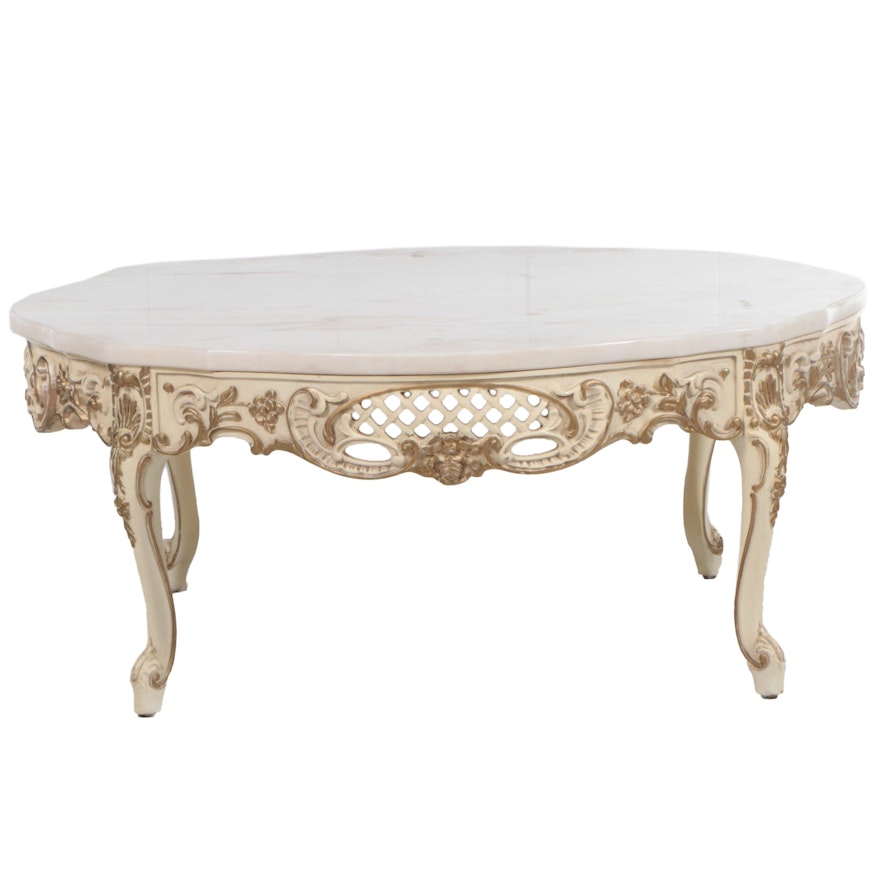 French Provincial Style Cream-Painted, Parcel-Gilt and Stone Top Cocktail Table