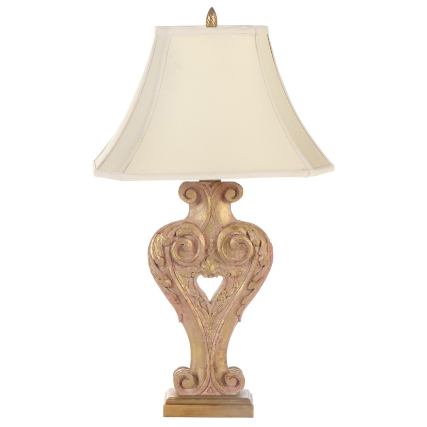 Gilt Accented Carved Painted Wood Table Lamp with Shade