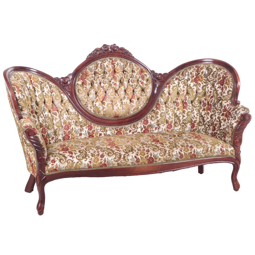 Victorian Style Carved Walnut Finish Sofa with Floral Upholstery, Mid 20th C.