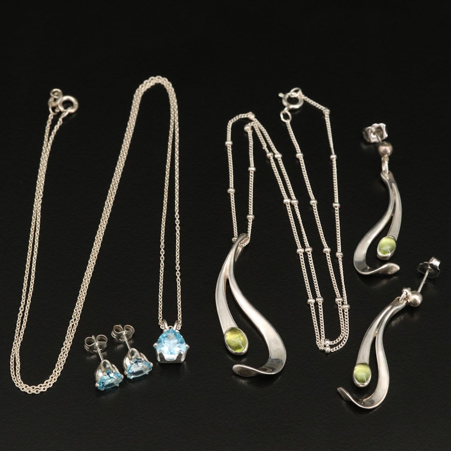 Sterling Swiss Blue Topaz and Peridot Necklace and Earring Sets