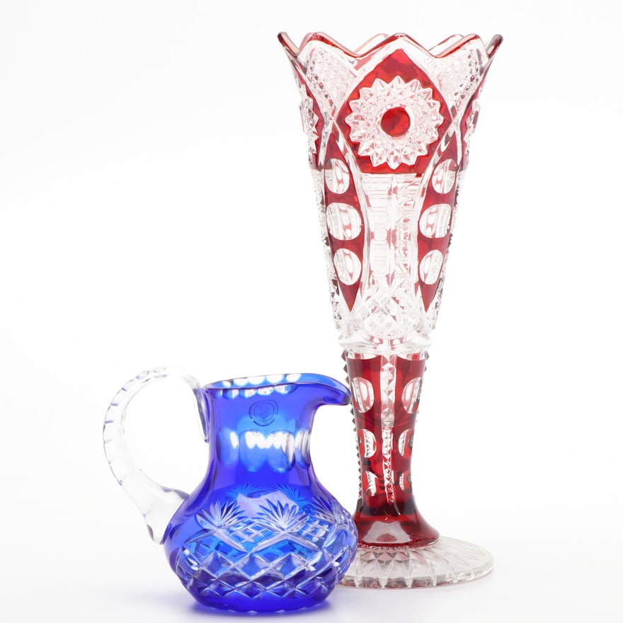 Crystal Clear Cut to Clear Blue Pitcher with Red Flashed Pressed Glass Vase