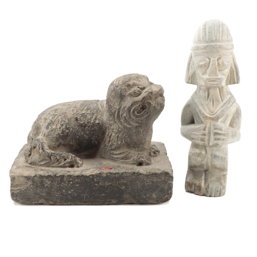 Hand-Carved Clay and Soapstone Figurines of Guardian Dog "Komainu" and Figure