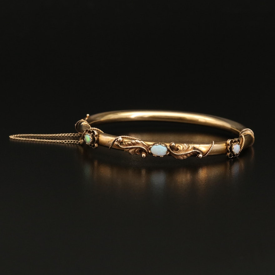 Antique Style 14K Opal Hinged Bangle with Rope Detail and Appliqué