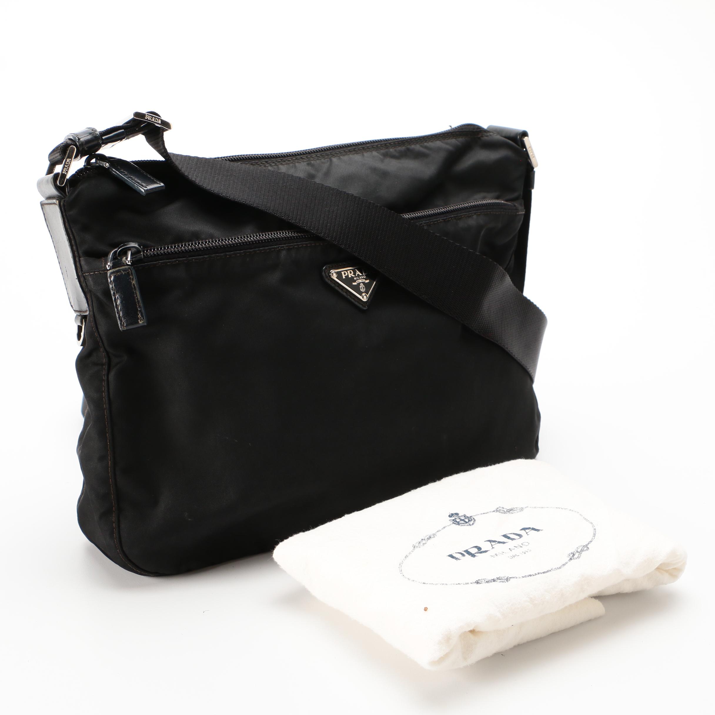 Prada Black Tessuto Nylon Crossbody Bag with Leather Trim