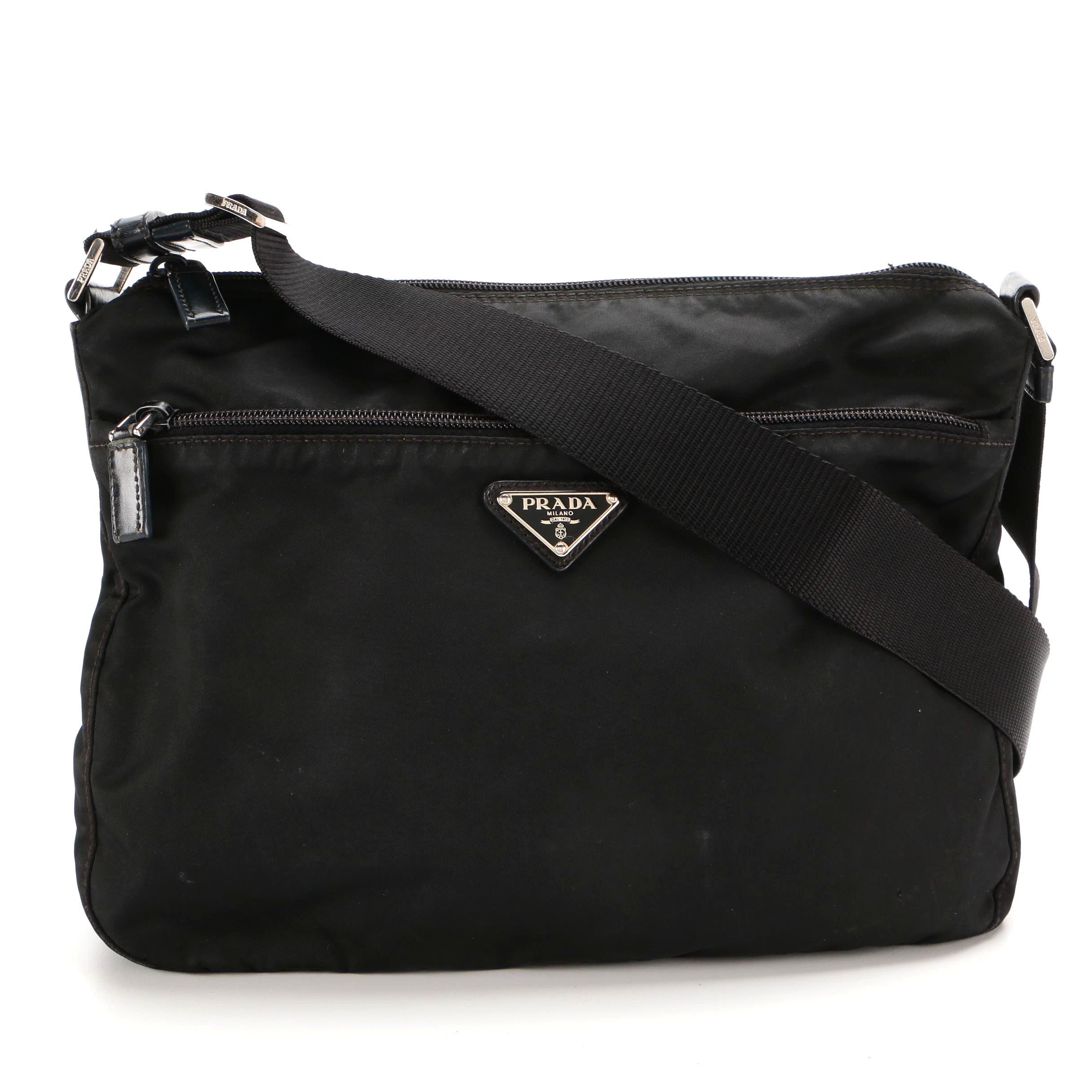Prada Black Tessuto Nylon Crossbody Bag with Leather Trim