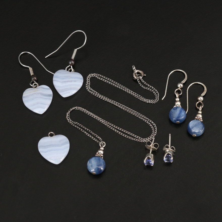 Necklaces, Earrings and Pendant with Blue Lace Agate, Sillimanite and Sterling