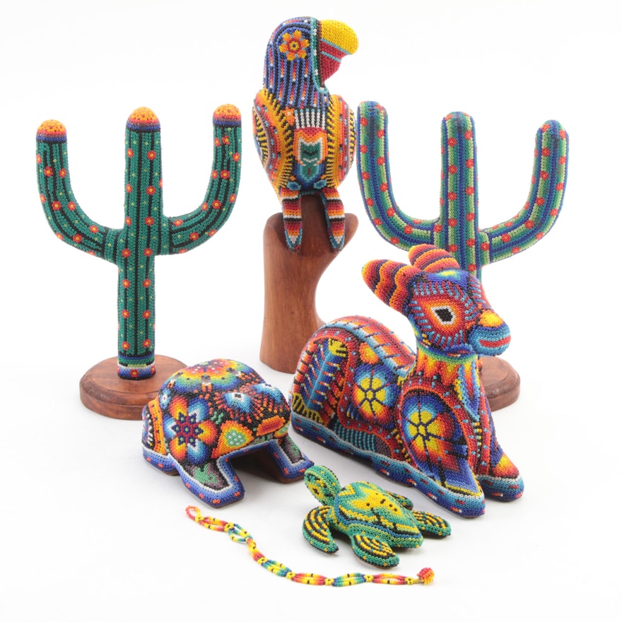 Mexican Huichol Beaded Wood Animal Figurines with Beaded Bracelet