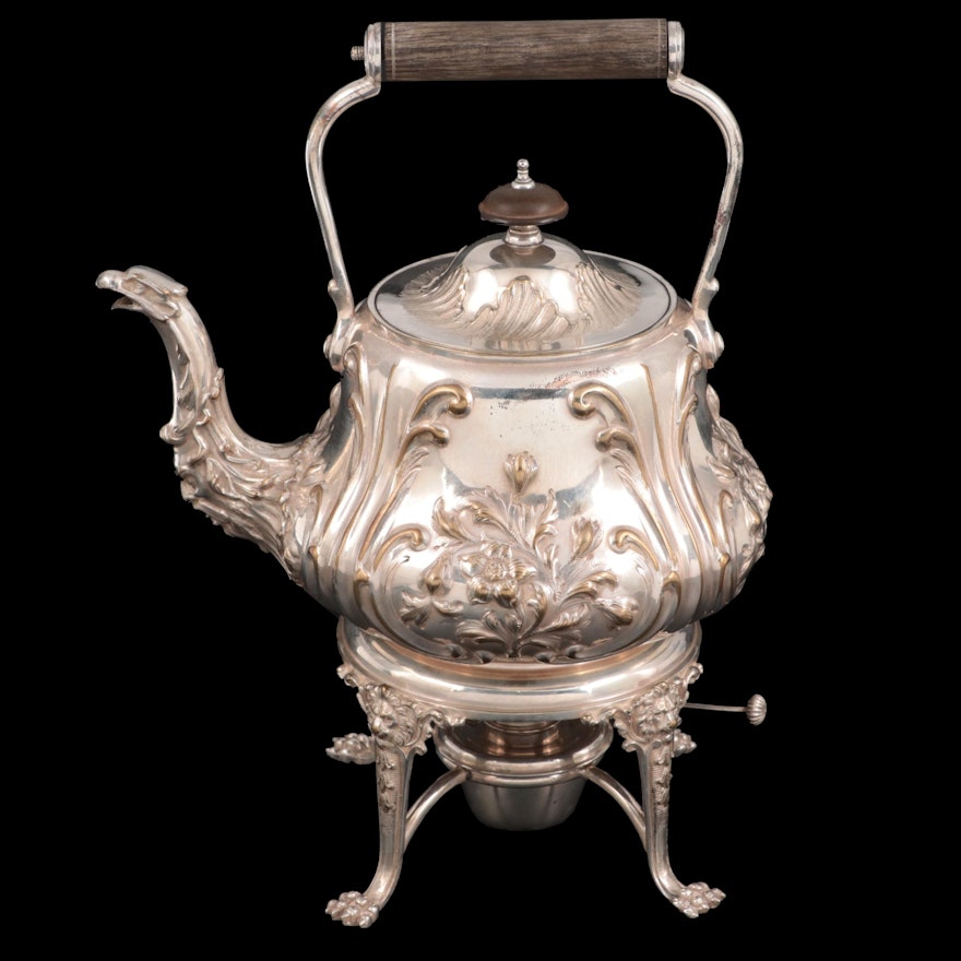 Elkington & Co. Chased and Repoussé Silver Plate Teapot and Warming Stand, 1901