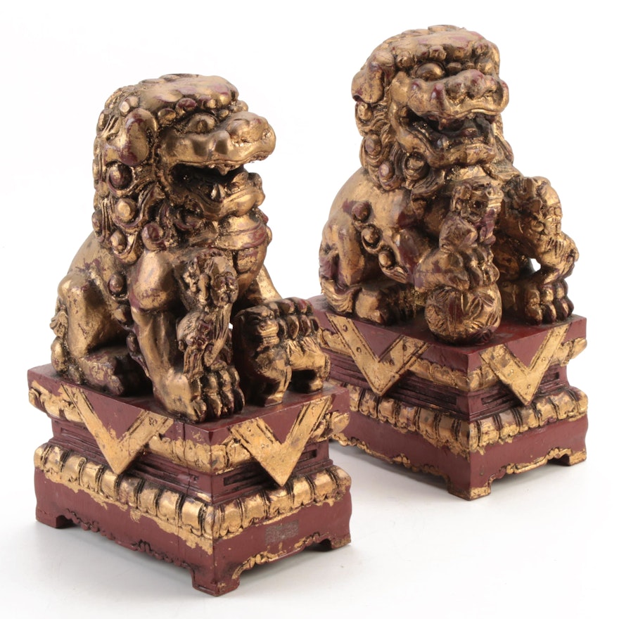 Chinese Gilded Lacquered Wood Guardian Lion Figurines