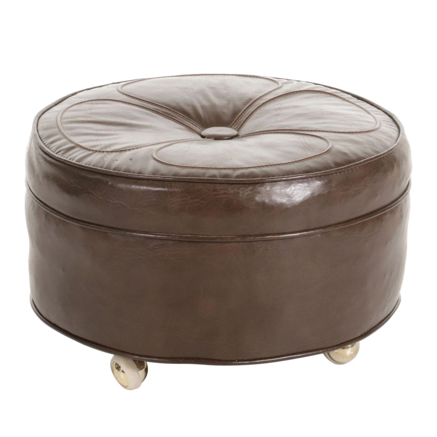 Faux Leather Petal-Top Ottoman on Brass-Tone Casters, circa 1980