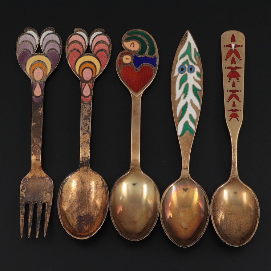Anton Michelsen Gold Wash Sterling Silver and Enamel Spoons and Fork