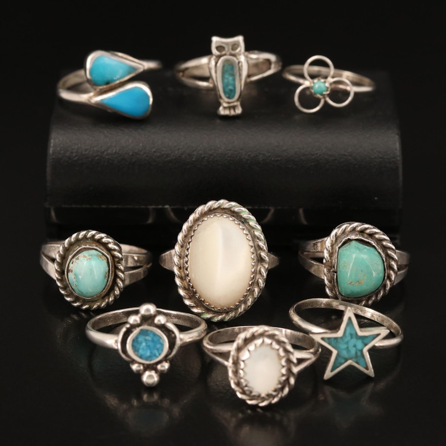 Southwestern Style Sterling Rings Including Turquoise and Mother of Pearl