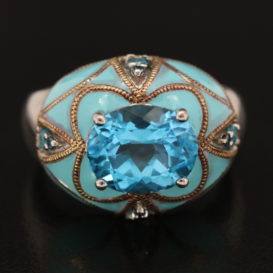 Sterling Swiss Blue Topaz, Diamond, Apatite and Enamel Ring