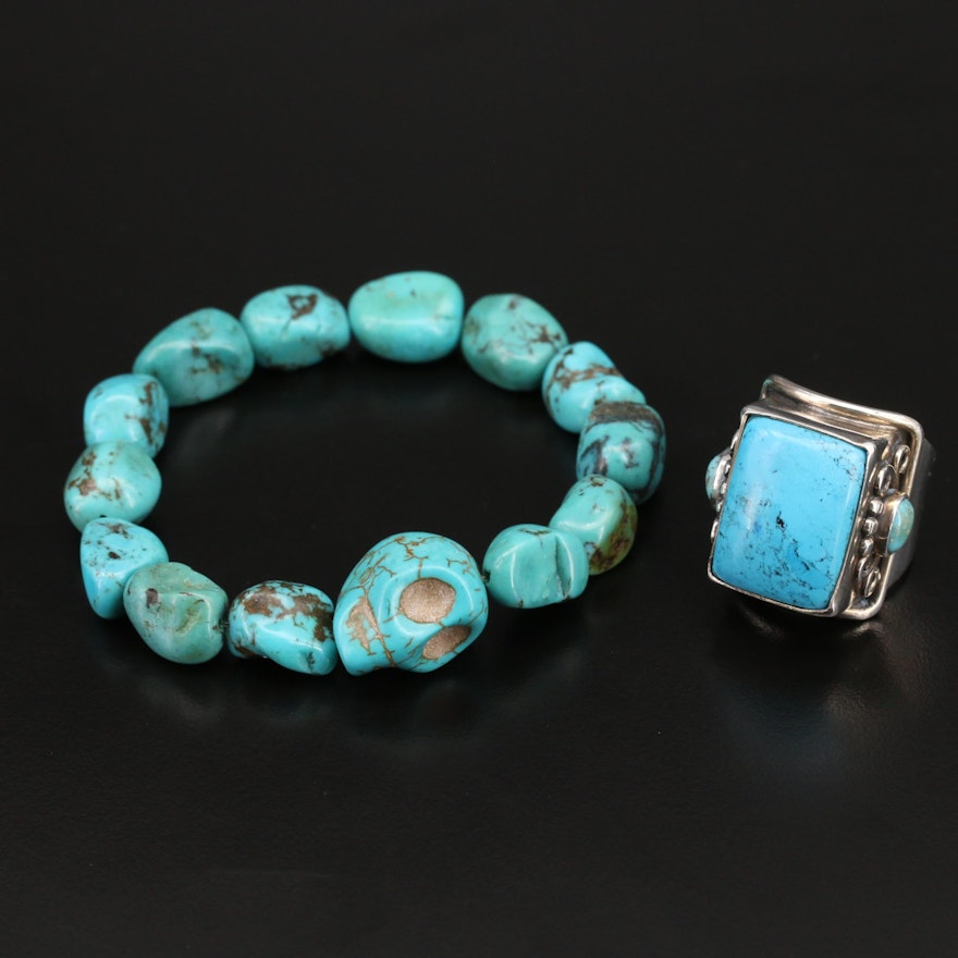 Mexican Sterling Turquoise Ring and Expandable Bracelet with Skull Head