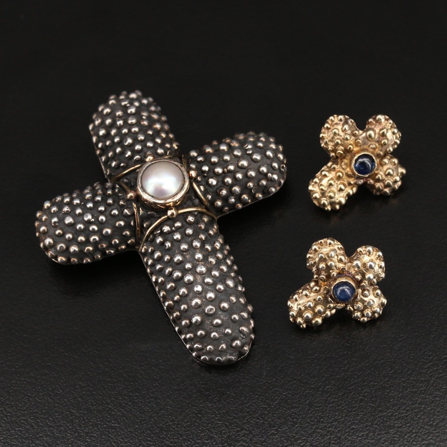 Anne Pratt Sterling Cross Converter Brooch with 14K Accent and Earrings