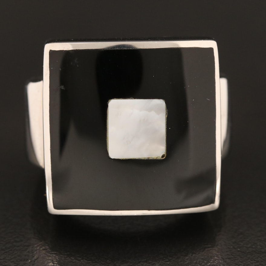 Mother of Pearl and Faux Black Onyx Inlay Ring