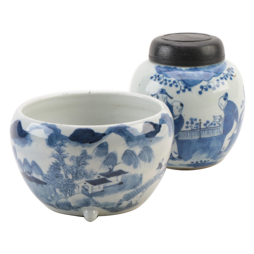 Chinese  Blue and White Porcelain Ginger Jar and Footed Bowl