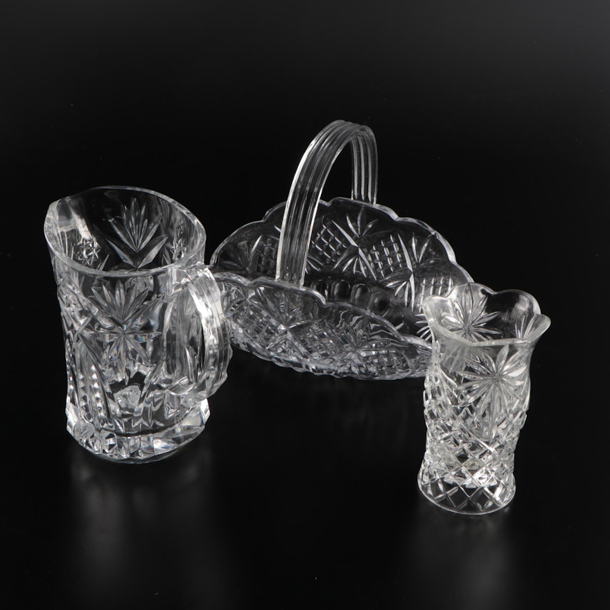 Crystal and Glass Basket, Pitcher, and Candle Holder