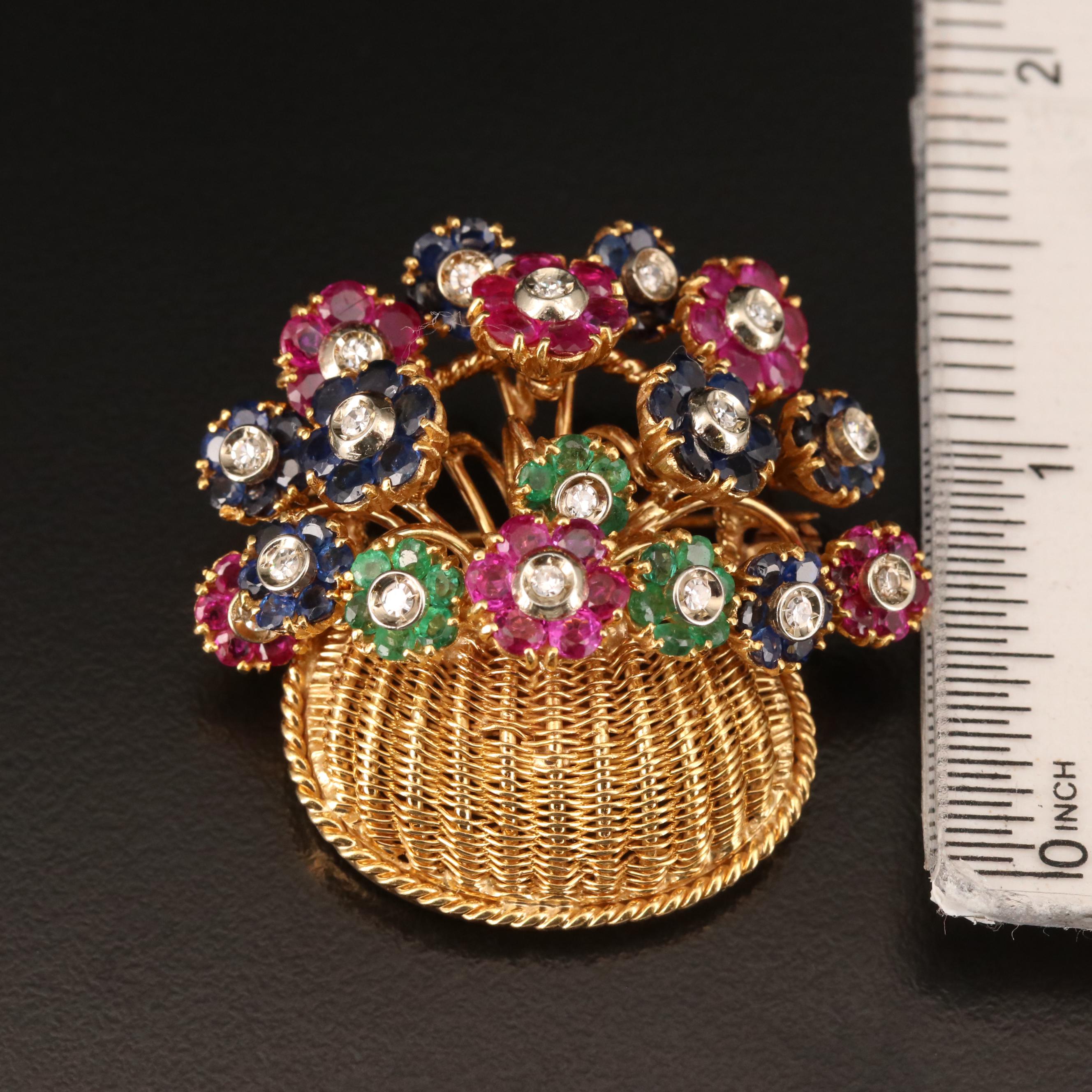 Tiffany & Co. 18K Diamond and Gemstone Tremblant Flower Basket Brooch